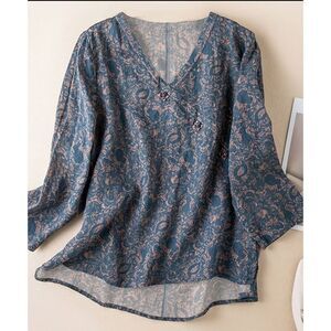 Floral Blooming Blue Floral V-Neck Blouse